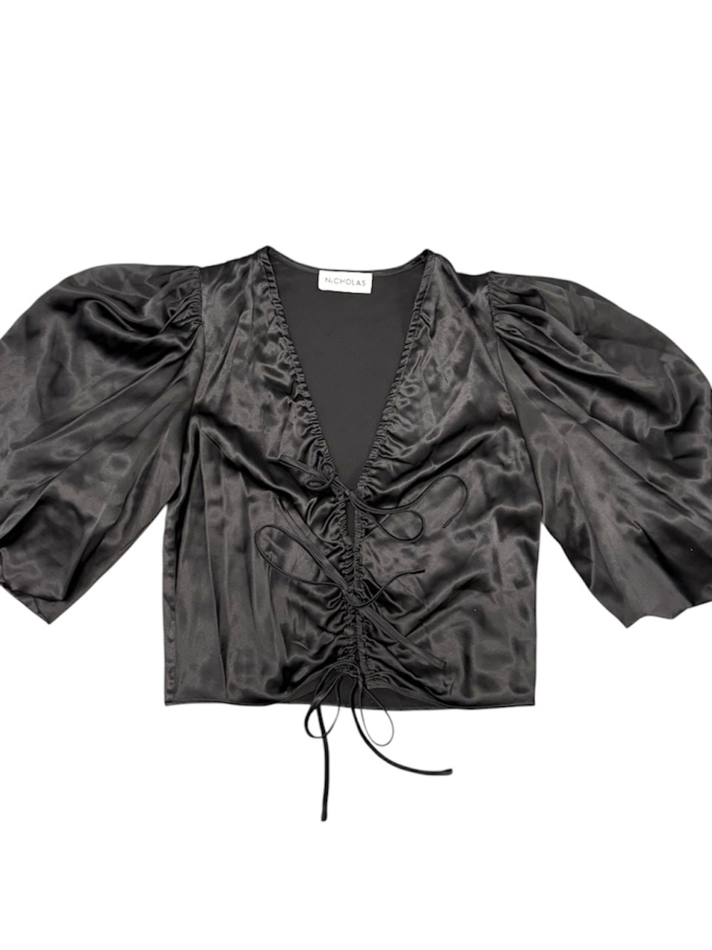 NICHOLAS Black silk Puff-Sleeve Ruched Tie Front Blouse